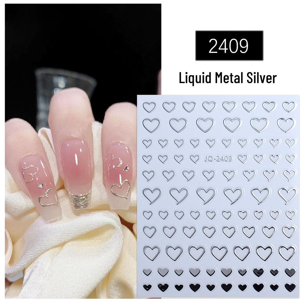 Chrome Hearts Liquid Metal Silver Nail Art Stickers: Heart & Star Designs