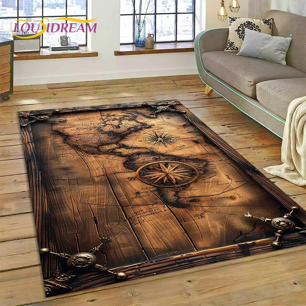 Ancient Nautical Chart World Map Compass Rug Carpet for Living Room Bedroom Decor,Floor Mat Non-slip Decoration for Sofa Doormat