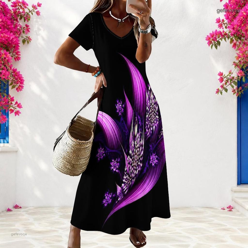 Women Plus Size V Neck Short Sleeve Printed Black Long Maxi Dress