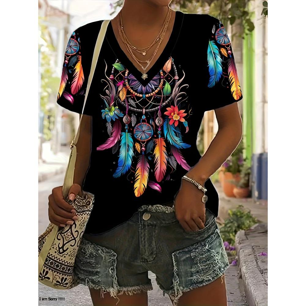 Summer Women s V-Neck Short Sleeve Pullover T-Shirt, Fashionable Print Top, Casual Women s Base Layer Shirt S
