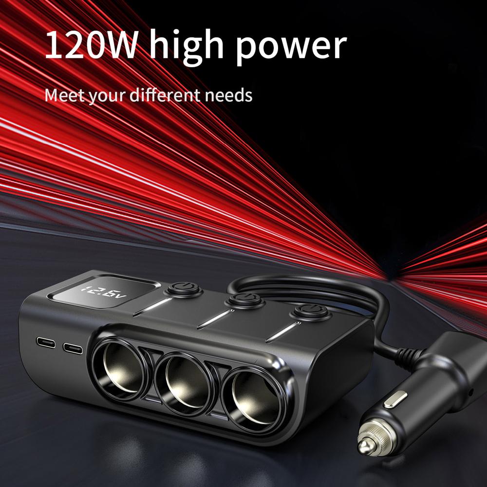 Car Chargers 120W Quick Charging Adapter 3 Socket Power Splitter 12 24V with 3 USB Ports+2 Type C Ports Volatge Display