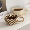 Korean Style Irregular Checkerboard Coffee Ceramic Mug Office Mug High Value Retro Milk Mug