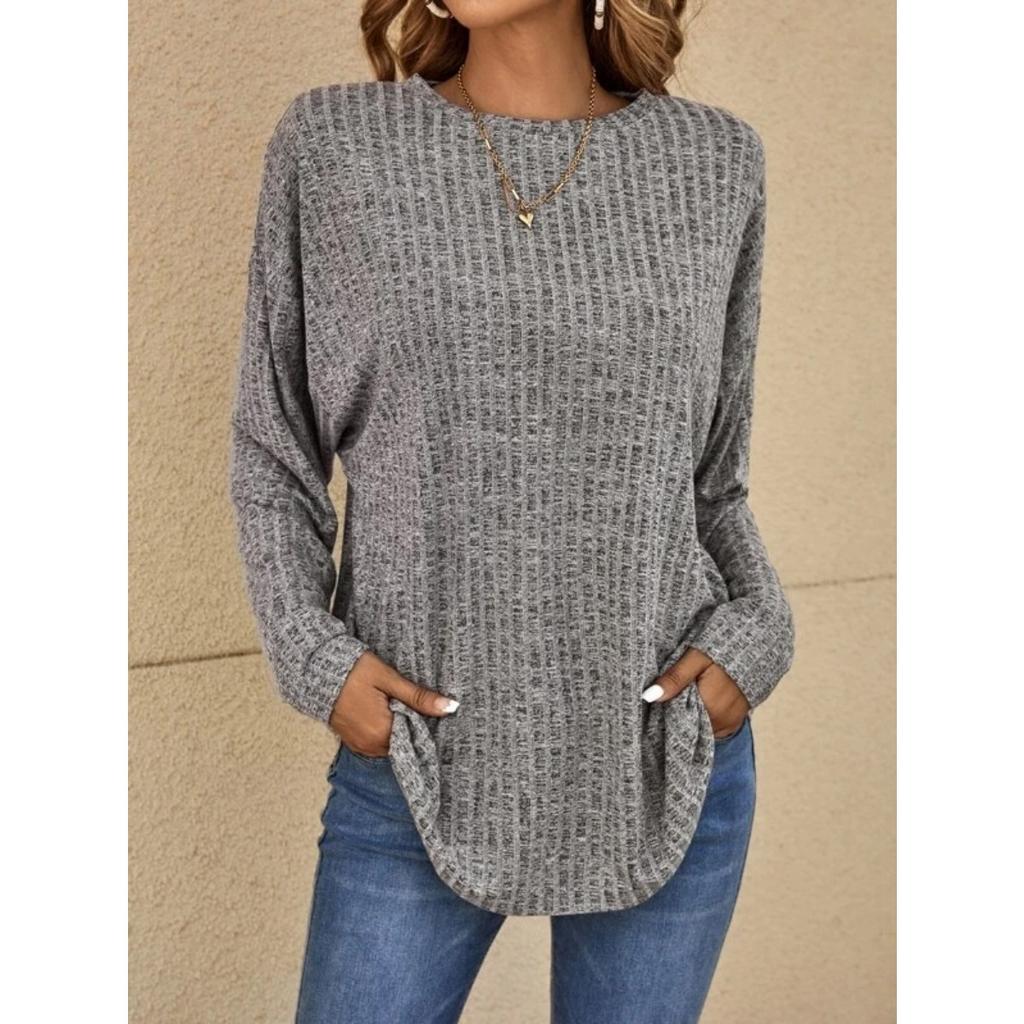 Fall New Ribbed Crew Neck Loose Long Sleeve Knit Top T-shirt for Women European American Style