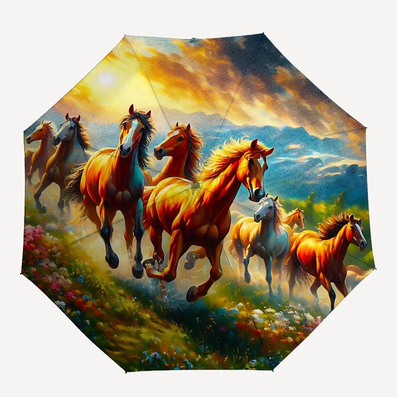 Horses, Sunset Automatic Folding umbrella Compact 8 rib Design, Unique Style, Suitable for Everyday Outdoor Use, Perfect Gift for Friends an