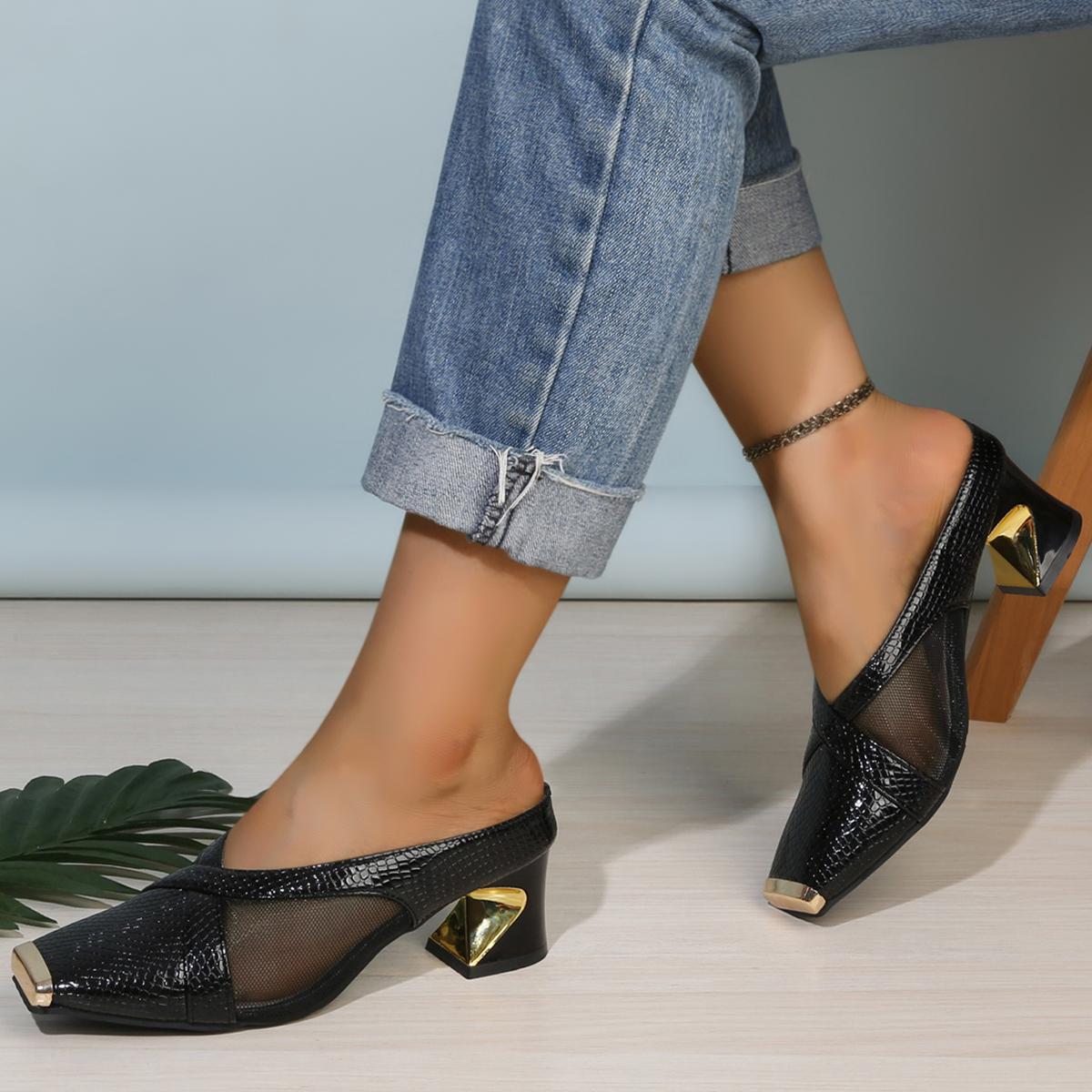 

Fashion Coarse-heeled mesh full-head half-slipper 2025 new style square toe comfortable and versatile high heels to wear outside 42 чёрный