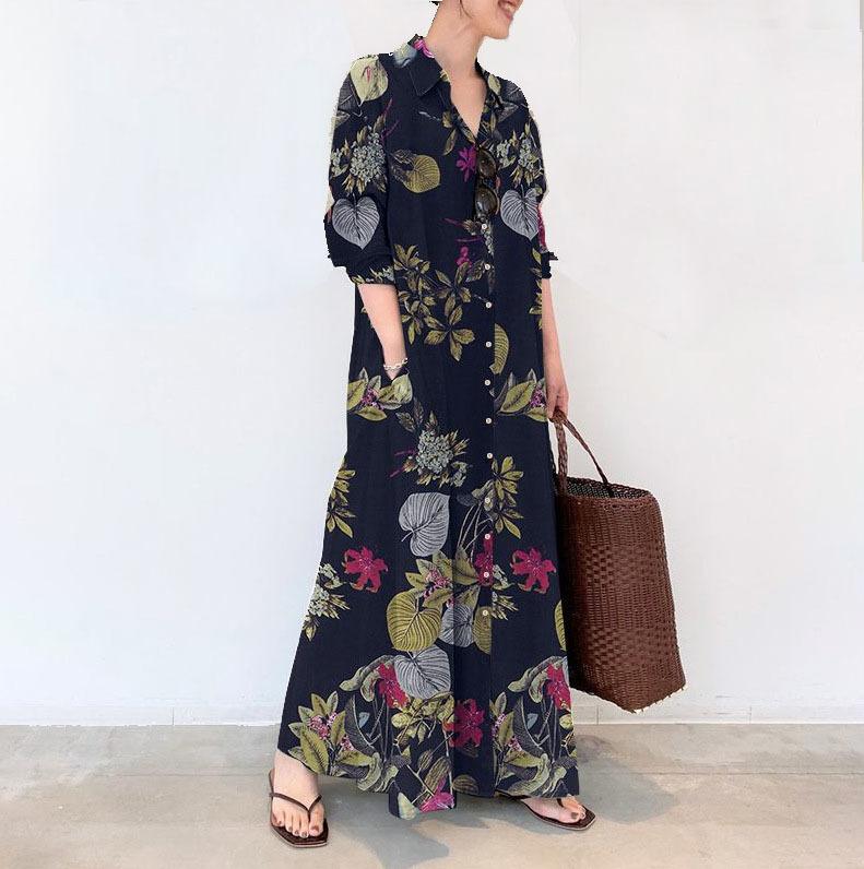 

New shirt skirt long-sleeved elastic printing lapel simple loose casual long dress one piece hair 5XL темно-синього кольору