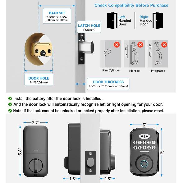 Keyless Entry Door Lock Deadbolt Fingerprint Door Lock - PHYSEN Smart Deadbolt Set for Front Door - Electronic Digital Keypad Lock - Biometric- Auto