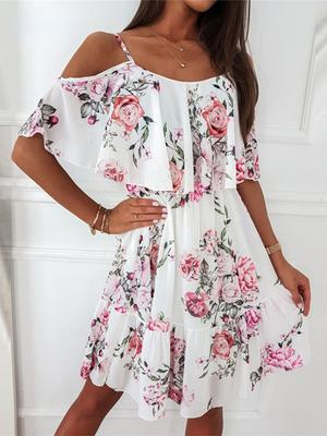 FASHION Dress Woman Summer Print Floral Strap Fashion Off Shoulder Beach Holiday Sundress Sweet A-Line