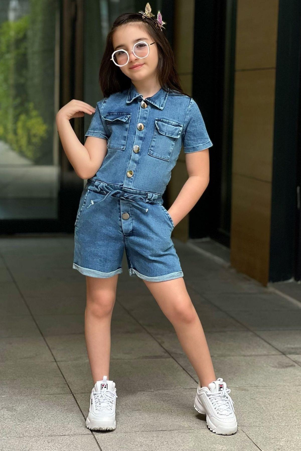 

Girl s Blue Denim Overalls With Shirt Collar Button And Pocket Detailed