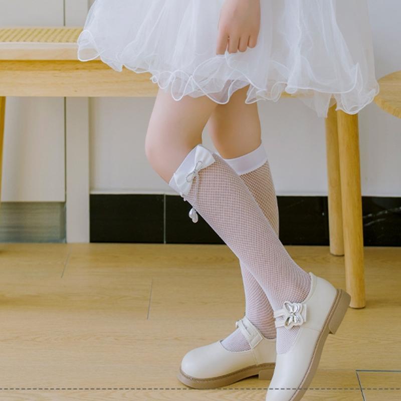Pack of 1 Pair Girls Breathable Mesh Knee Length Socks Bowknot Accent Socks Stretchy Comfort for 3-10Y Kids