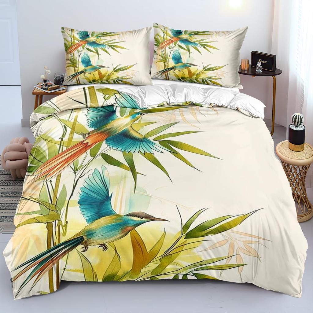 Bamboo Leaf Duvet Cover Sets for Kids Teens Quilt Covers Lightweight Down Bedroom Decor 2 Pillowcases 1 Duvet Cover No Comforter