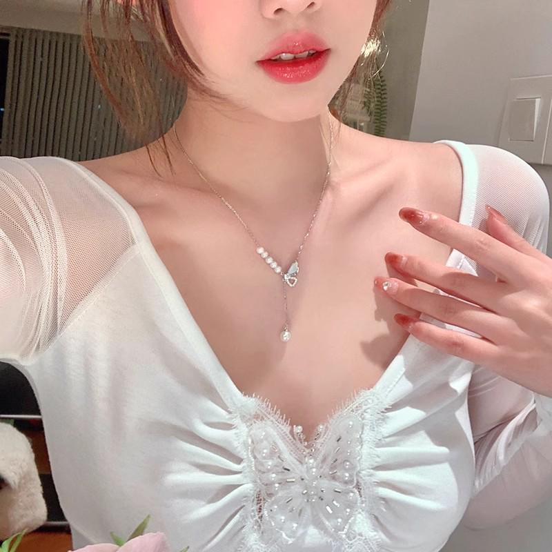 Korean Rhinestone Butterfly Pearl Tassel Necklace Women's Luxury Choker Accessory