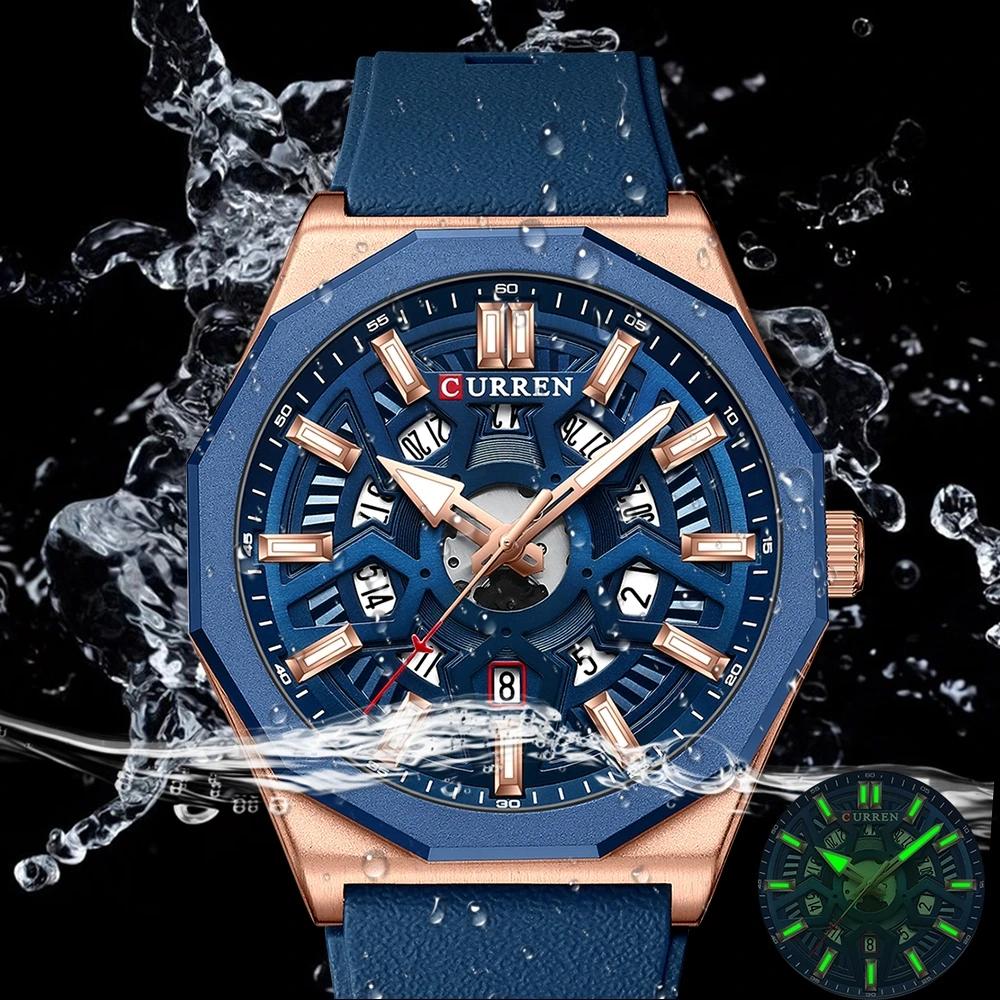 CURREN Mens Watches New Blue Leather Waterproof Luminous Quartz Wrist Watches Luxury Bracelet Men Calendar Watch Relojes Hombre