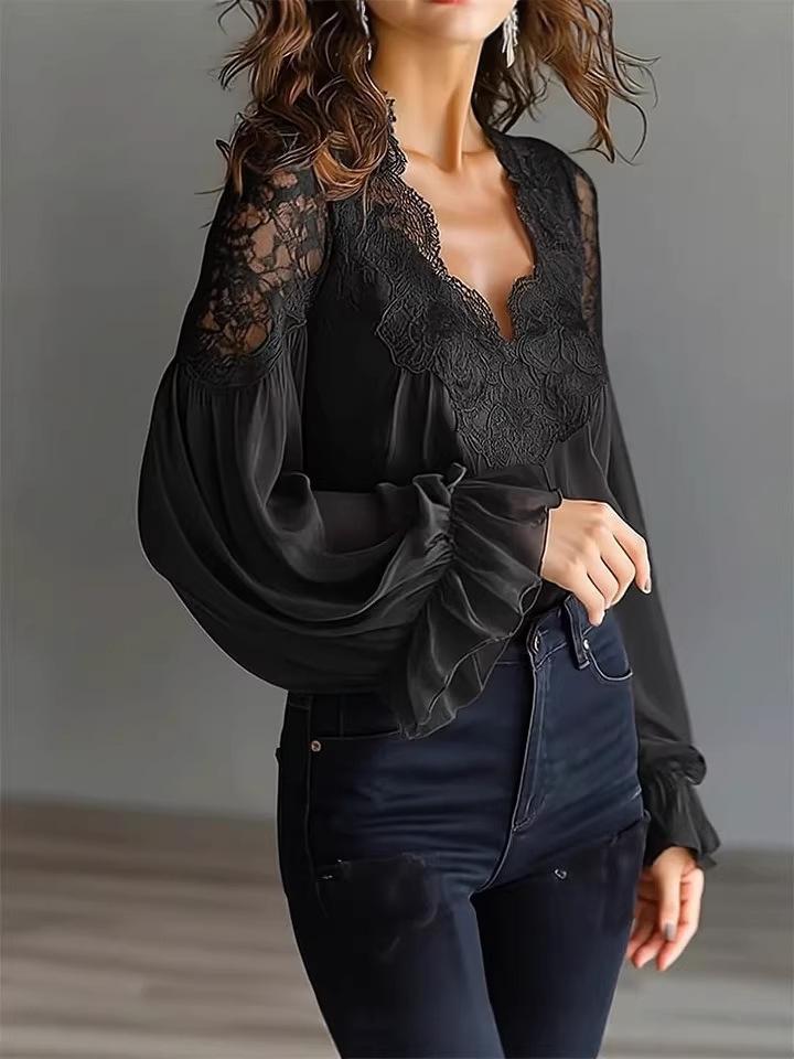 2026 Lace Patchwork Puff Sleeve Pleated Women's Shirt