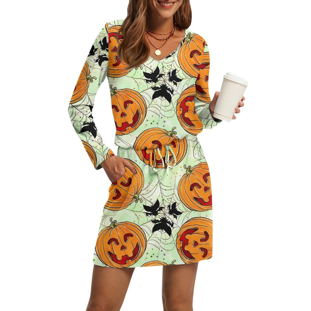 Women's Fashion V-Neck Long Sleeve Drawstring With Pocket Halloween Printed Casual Dresses