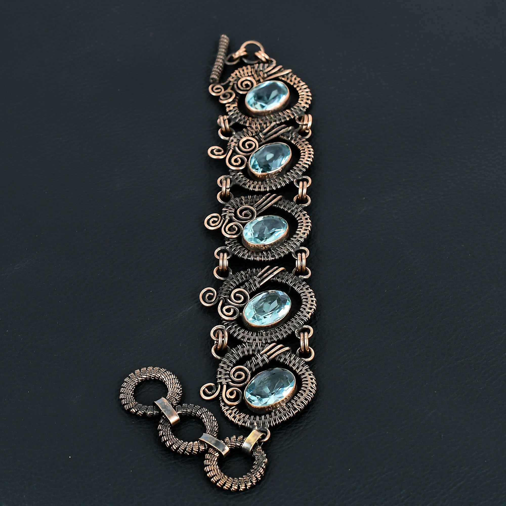 

Аквамарин драгоценный камень ручной работы из чистой медной проволоки обернутый браслет ювелирные изделия для женщин 7-8 Inches синий