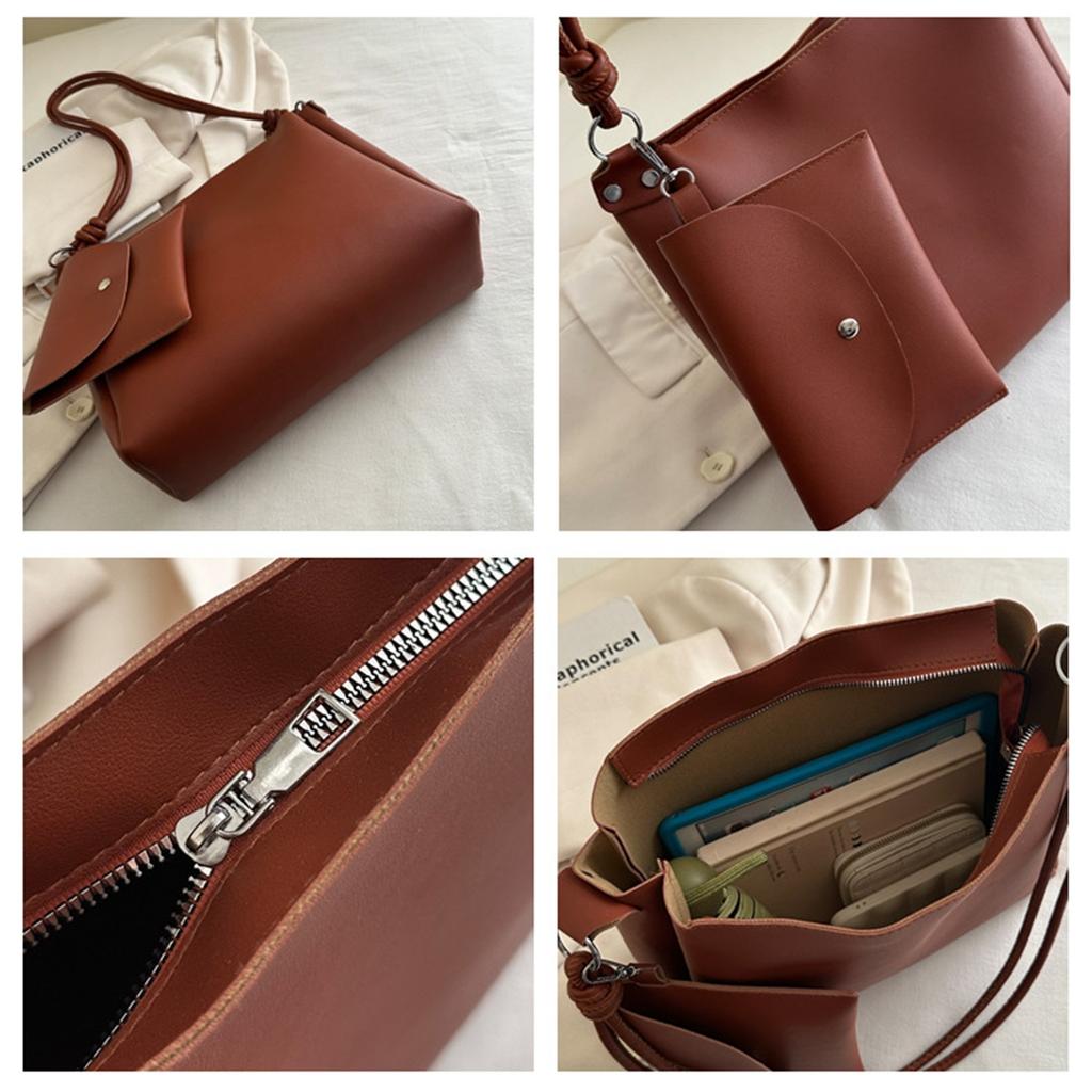 Two Sets Of Casual Solid Colour Large Capacity Retro Fashion Texture Shoulder Tote Bag For Women