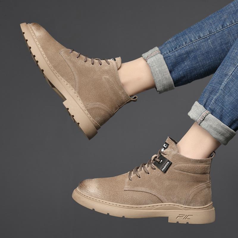 Pánské boty Martin z pravé hovězí kůže podzim a zima nové boty na silné podrážce se středně vysokým svrškem britské pánské boty se středně vysokým svrškem univerzální pracovní krátké