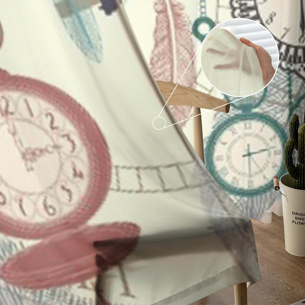 Vintage Pocket Watches Feathers Sheer Curtains for Living Room Transparent Tulle Window Curtain Bedroom Kitchen Veil Drapes