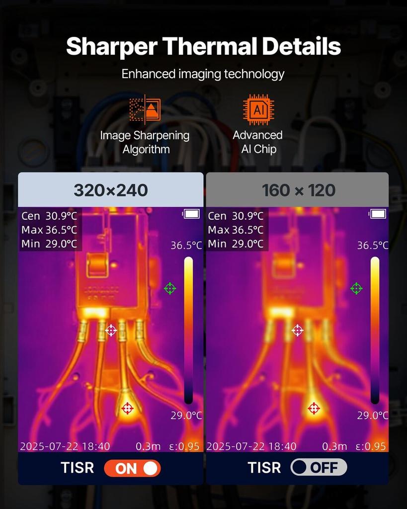Thermal Camera, 320 x 240 TISR Super Resolution, Thermal Imaging Camera with 2MP Visual Camera, 160 x 120 IR Resolution, 25 HZ Refresh Rate, -4°F to