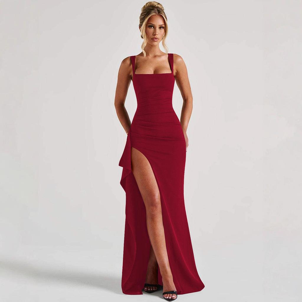 2025 summer European and American cross-border women's clothing Zhigong dress suspender sleeveless long dress high waist slim split fork
