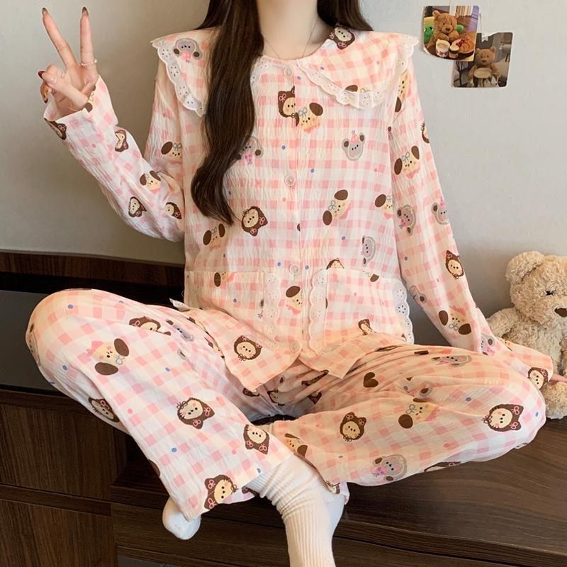 Sweet Pet Cartoon Pajamas Women'S Spring Long-Sleeved Doll Collar Fairy Style Loungewear Cloud Cotton Two-Piece Set