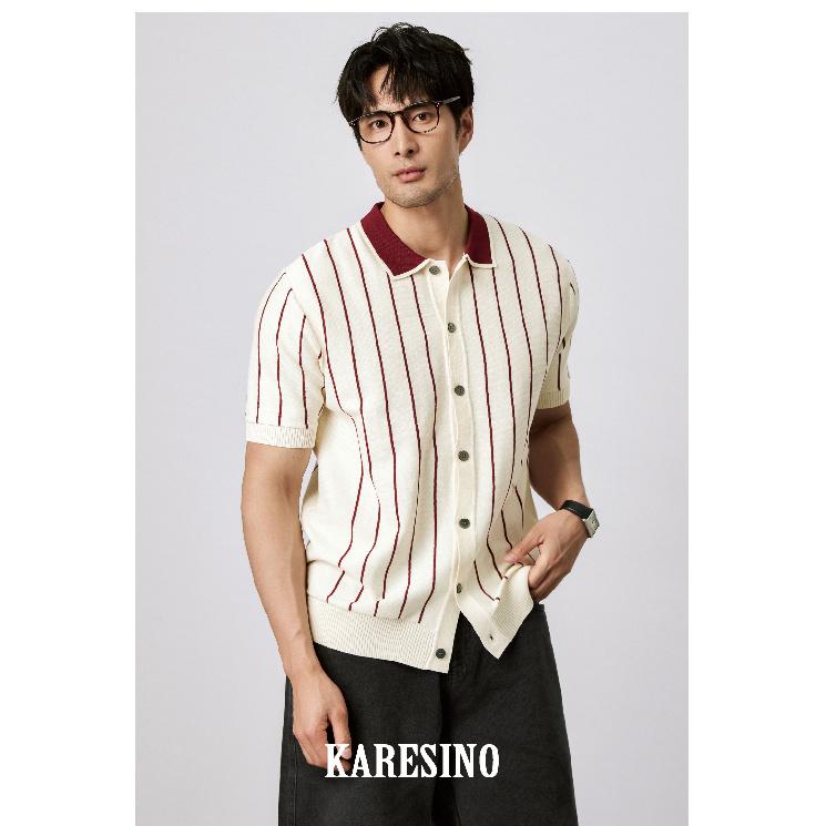 Casual Striped Polo Shirt for Men Summer Business Non-Iron Slim Fit Gentleman Thin Knitted Striped Short Sleeve T-Shirt