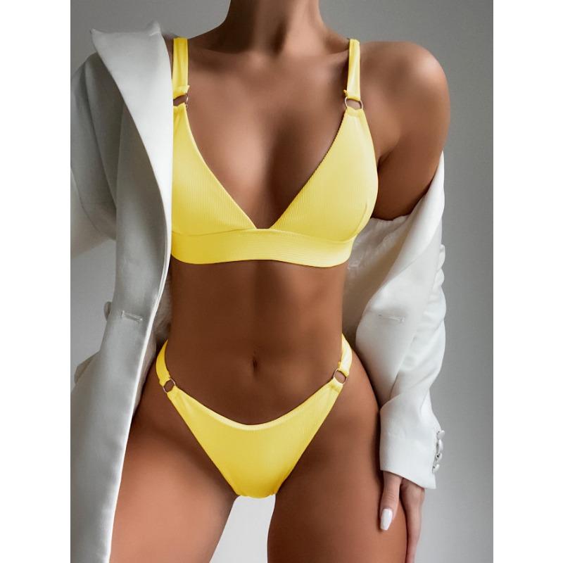 Bikini a due pezzi a costine verde lime da donna - Costume da bagno a triangolo con anello a O