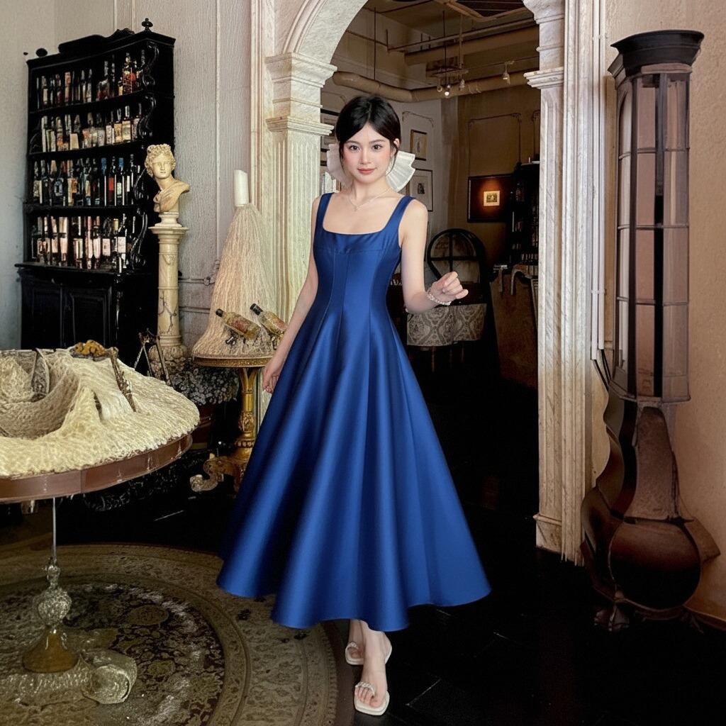 French high-end temperament satin champagne suspender skirt women summer birthday party wedding certificate dress dress women