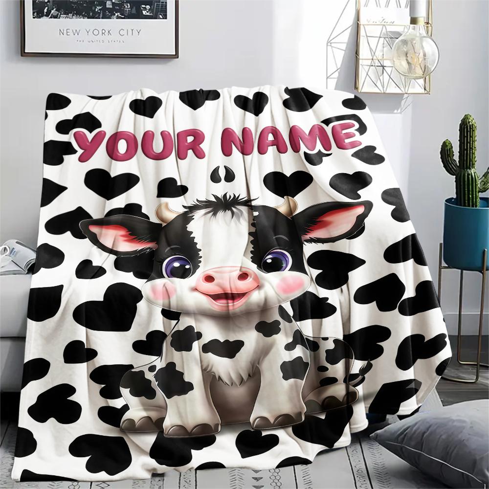1PC Custom Name Cow Flowers Art Patterned Flannel Blanket Suitable For All Seasons for Home Decor Warmth and Comfort Gifts Holiday Present_lx