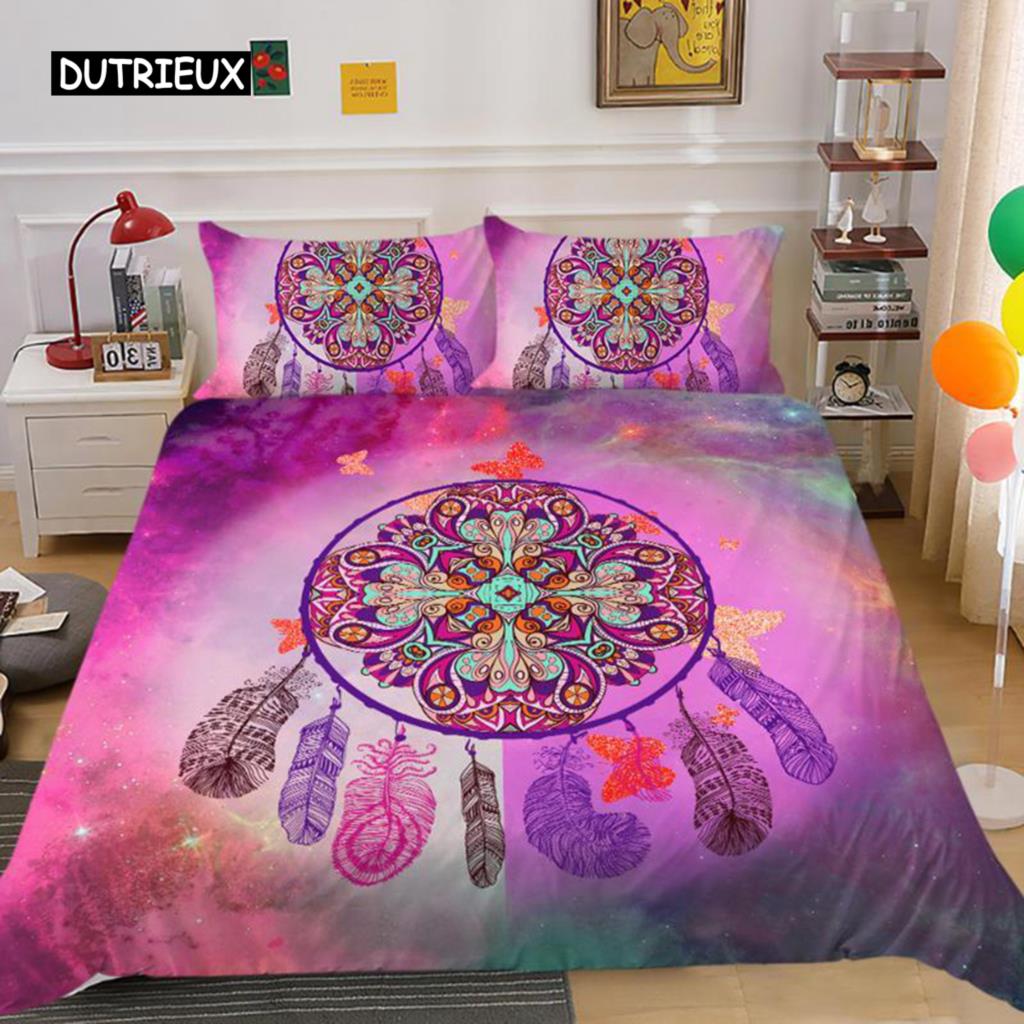 Dream Catcher Duvet Cover Set King Size Pink Boho DreamCatcher Bedding Set for Kids Teen Microfiber Bohemian Feather Quilt Cover