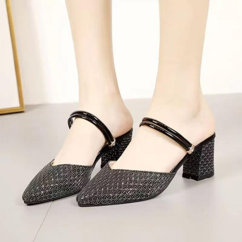 Wearing pointed toe half slippers versatile women's shoes trendy two wear women's summer new bag head thick heel cool slippers