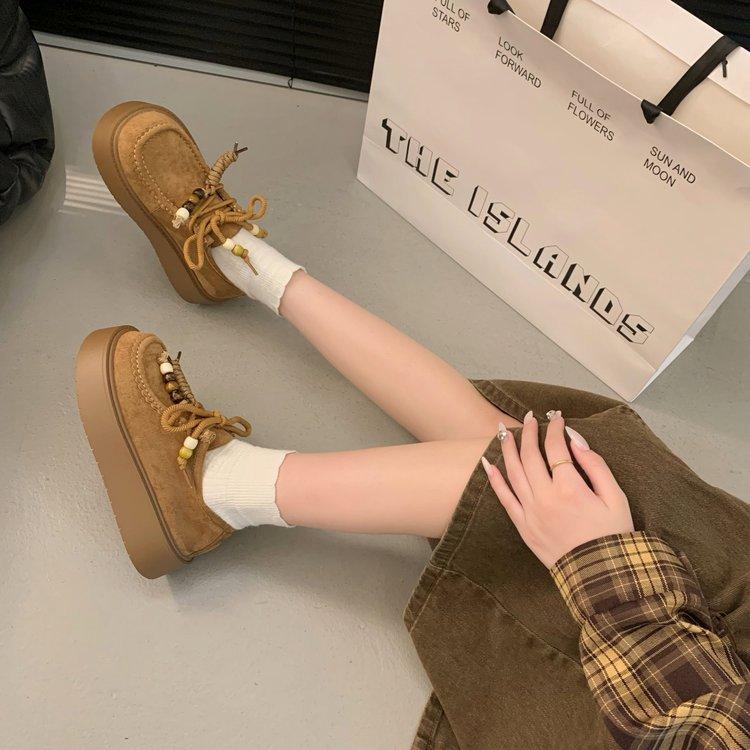 [Amano] Boken Shoes Women's 2025 Autumn New Retro Lace-Up Beaded Muffin Bottom Heightening Kangaroo Shoes