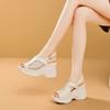 Leather Sandals Women's 2025 Summer New Slope Heel Beach Shoes Breathable Mesh Hollowed Casual Fish Mouth Muffin Sandals