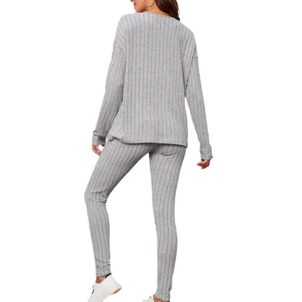 Completo due pezzi da donna, Nuova moda autunnale, Casual, Temperamentale, Largo, Girocollo, Righe a costine, Set in maglia