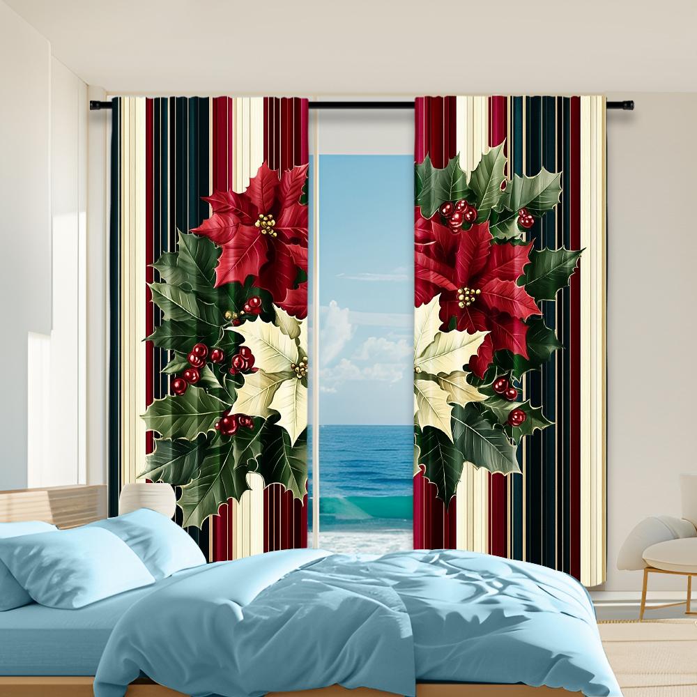 

Vintage Christmas Flower Polyester Material Window Curtains Design Living Room Bedroom Kitchen Office Set Of 2 Made With Rod Pocket Decor W100*H70(CM)-Grommet top&2PCS