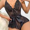 Women Bedroom Bodysuit V Neck See-through Lace Patchwork Bow Ruffle Playsuit Off Shoulder Backless Adjustable Spaghetti Strap Nightdress for