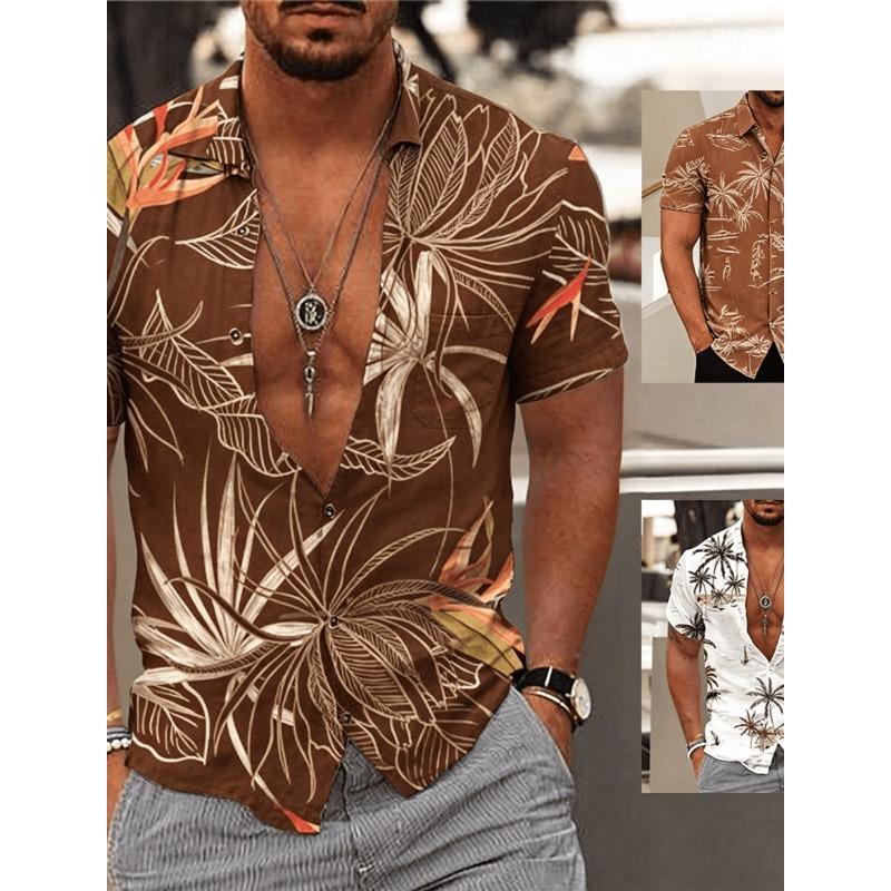 Men's Gradient Tropical Palm Leaf Print Short Sleeve Shirt, Casual Hawaiian Button Up Shirt for Spring Summer