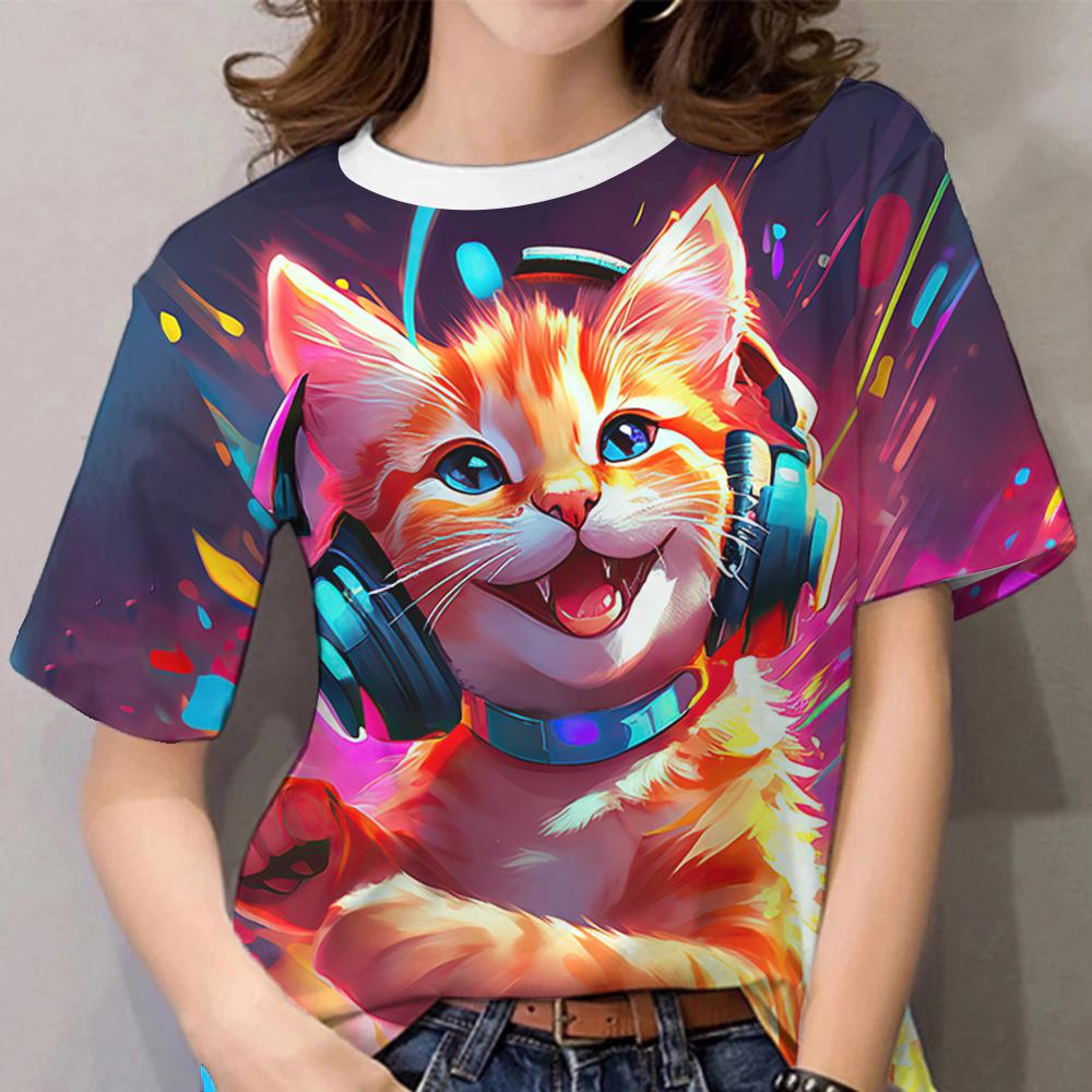 

Летняя женская футболка с коротким рукавом, с принтом котенка-музыканта, 3D-печать, модная, повседневная, с круглым вырезом 3XL
