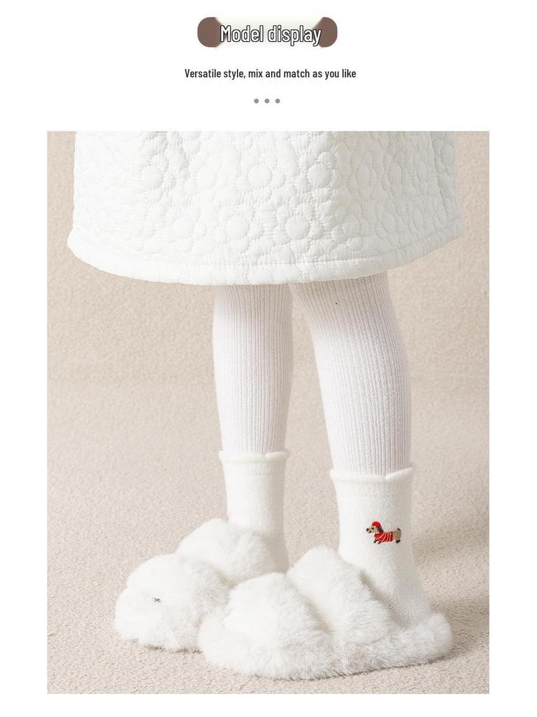 Kids' Autumn-Winter Thick Plush Socks - Cute Embroidered Puppy Design, Korean Style, Warm Mid-Calf for Girls