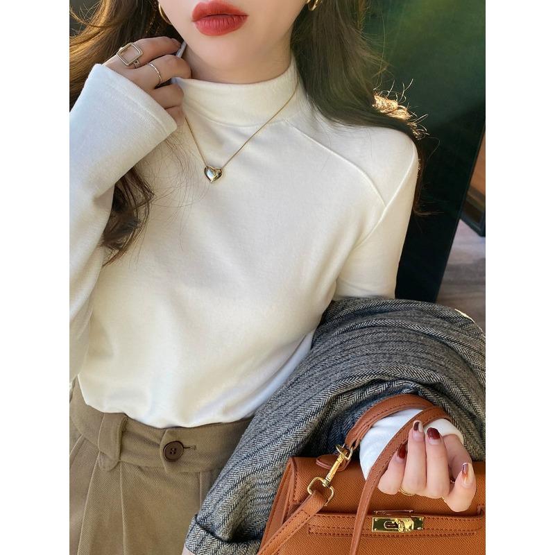 Temperament semi-turtleneck fishbone line design bottoming shirt women's spring slim-fitting simple long-sleeved inner middle-necked top