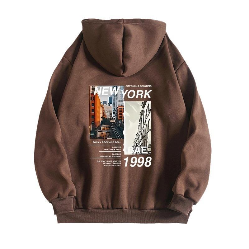 Autumn And Winter Sweater Shoulder Sleeves New York City Print Hooded Fleece Sweater Women'S Top