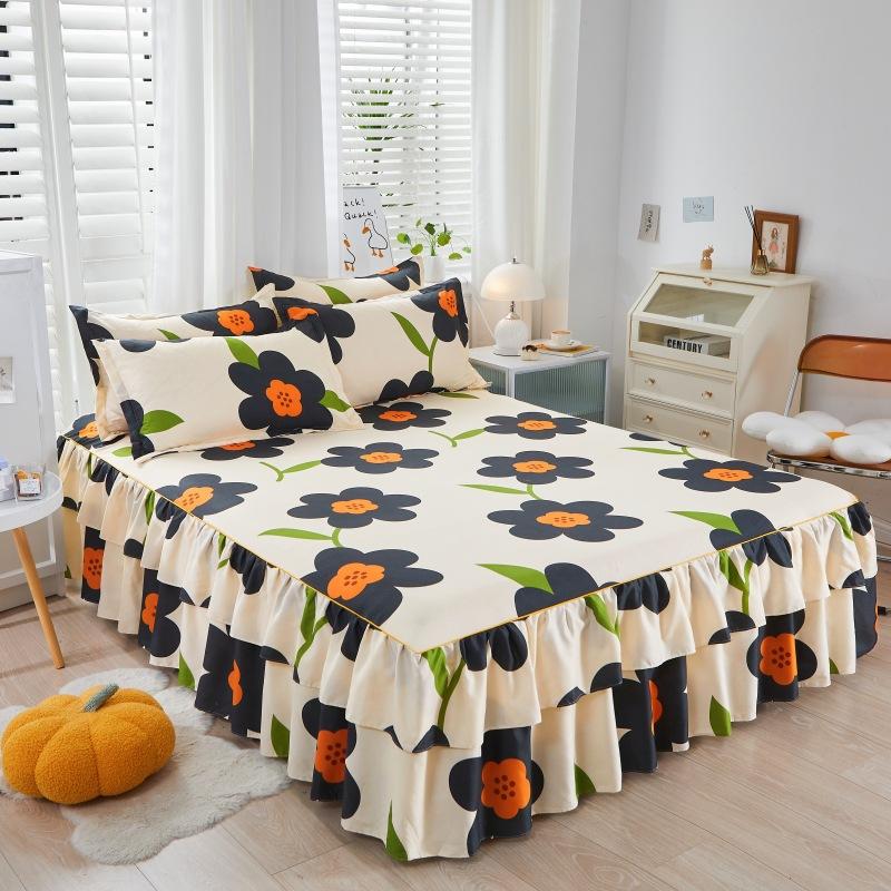 3pcs Modern Korean Floral Bed Skirt Set with Lotus Leaf Embellishments and Princess Floral Pattern, All-Season Brushed Light Beige-Friendly Bedding