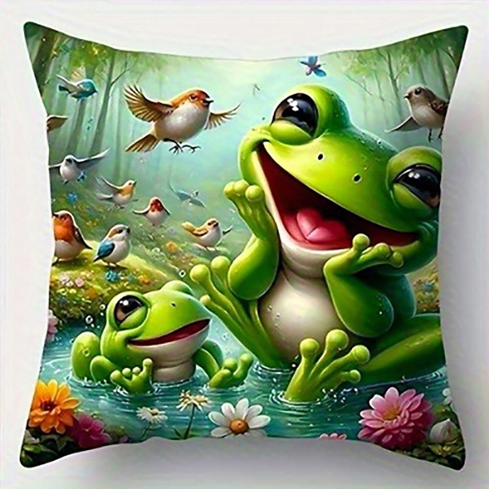 

Frog Reading Book Among FlowersSuitable for sofa car bedroom decorative cushion cover pillow cover 16x16Inch