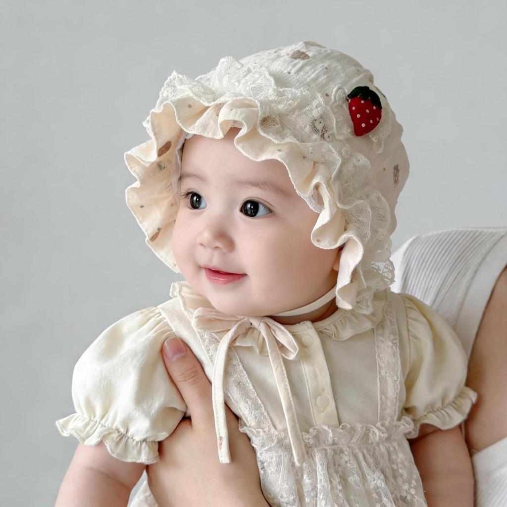 Sweet Strawberry Lace Baby Hat for Girls, Sun Protection Spring/Autumn