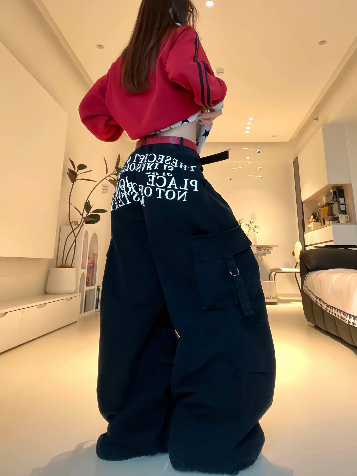 Women s Black High Street Retro Hip Hop Wide-Leg Multi-Pocket Cargo Pants L
