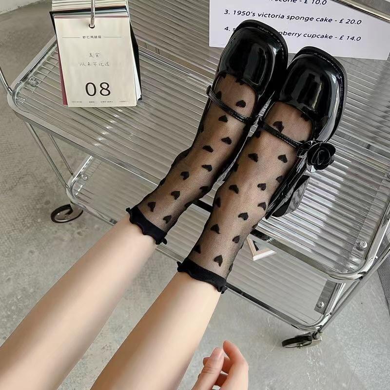 Women Girls Summer Thin Socks Glasses French Lace Socks Ruffled Love Glass Fibe Heart Pattern Transparent Sheer Mesh Sweet Socks