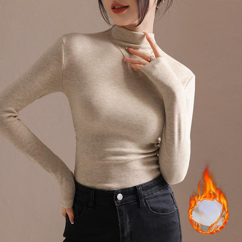 Autumn and Winter Sheepskin Semi High Neck Warm Long Sleeved SweaterWomen's Slim Fit Waist Cinching and Plush Thickened Base Shirt