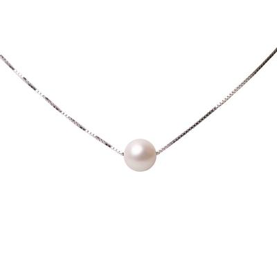 [ZIMO] White Pearl Chain Necklace with 925 Sterling Silver Accessories, Single Freshwater Pearl Pendant