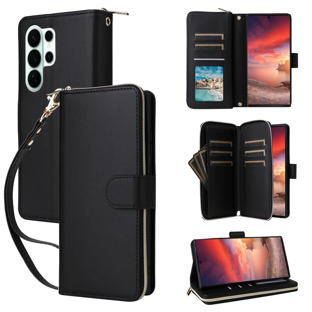 For Samsung Galaxy S26 Ultra Case 9 Card Slots Zipper Pocket PU Leather Phone Cover with Wrist Strap